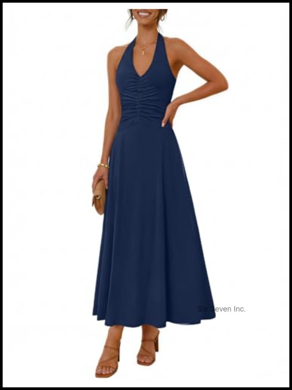 MEROKEETY Halter Sleeveless Backless Ruched Maxi Dress